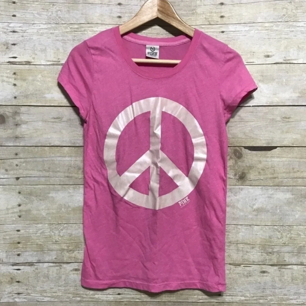 Vintage PINK Victoria's Secret iridescent peace sign graphic tee size medium - Picture 2 of 7